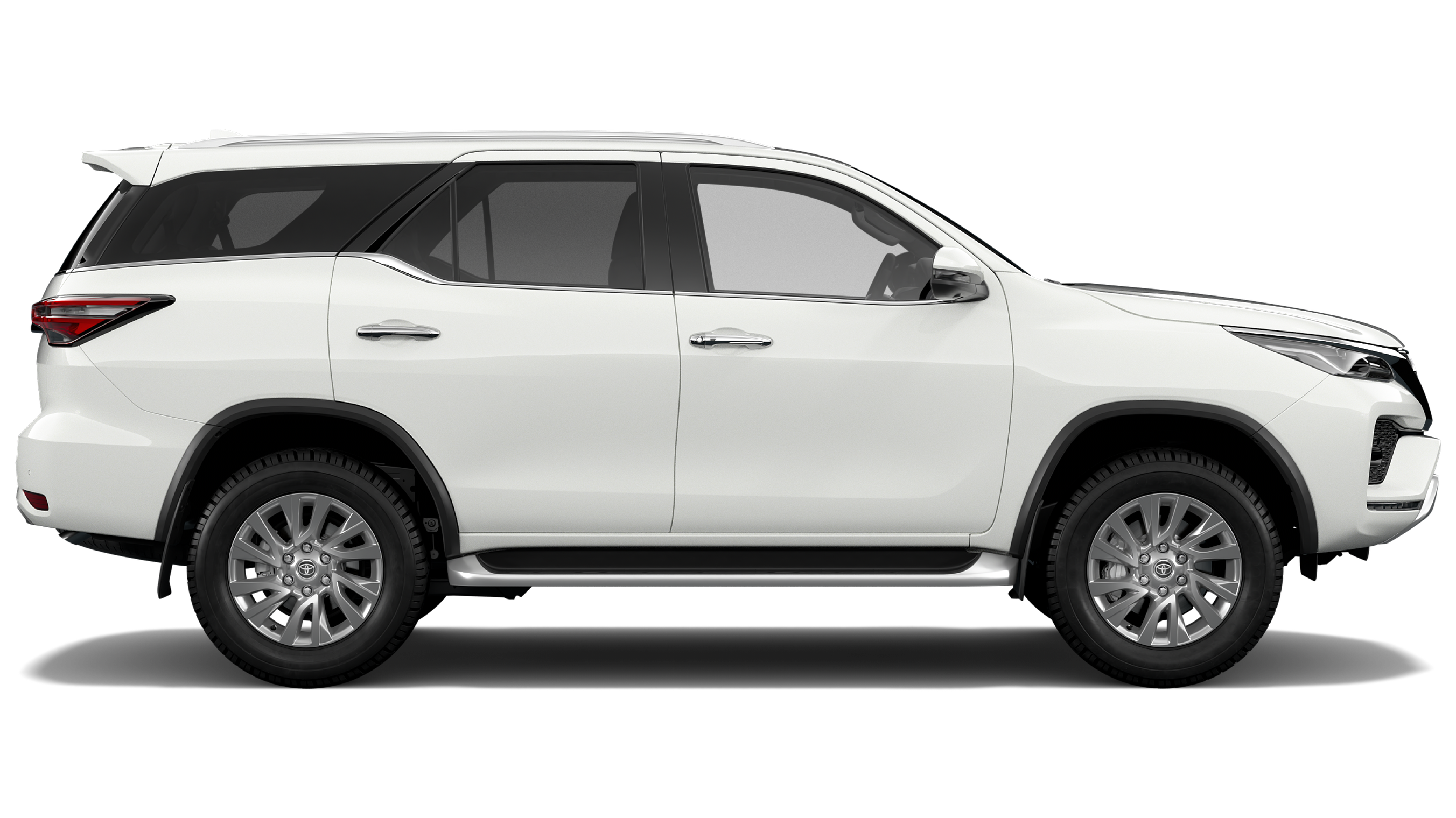 White Toyota Fortuner in side profile, manufacturer reference image